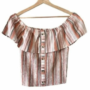 Boutique Dizzire Striped Button Down Off Shoulder Short Sleeve Crop Top S